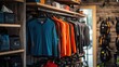 © Johannes - An assortment of fashionable and functional cycling apparel made from lightweight fabrics, displayed in a minimalist urban bike shop.