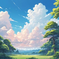 Anime style attractive bright charming sky background with some white clouds and natural view, Summer and Spring blue sky with fluffy white clouds in the wind