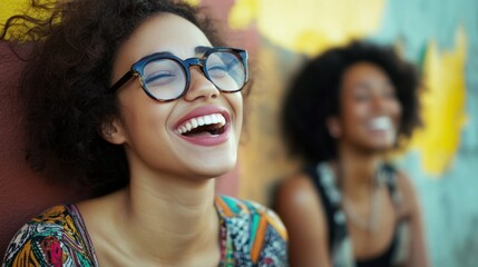 Poster - Mixed race woman laughing at joke near friend