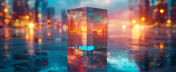 Wall Mural - A glass cube with a reflection of a blurred sunset city lights in it on a reflective surface with a blurry urban background.