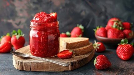 Wall Mural - Homemade strawberry jam in a jar with fresh strawberries and bread on a wooden board.