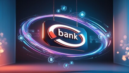 A futuristic bank sign with neon lights