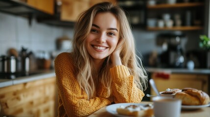 Sticker - Portrait of beautiful young woman having breakfast in the kitchen.