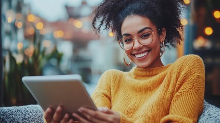 Wall Mural - Woman smiling lounging with tablet