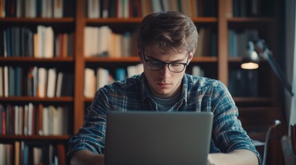 Wall Mural - Young man student study at home using laptop and learning online