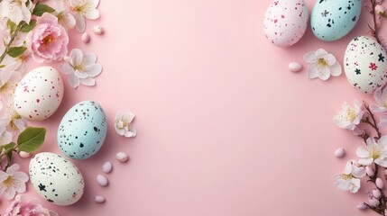 Wall Mural - Easter poster and banner template with beautiful Easter multi-colored eggs and flowers.Promotion and shopping template for Easter. Beautiful easter promotion banner.Top view, flat lay.Space for text