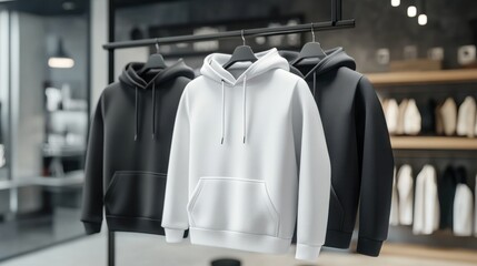 Wall Mural - Mockup of clothes collections for an advertisement, poster, or art design. Three basic white, grey, and black hoodies are displayed on a shop background.