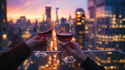 Wall Mural - Hand holding wine glass closeup view with rooftop view of city skyscrapers