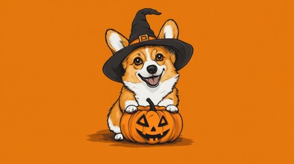 Halloween Corgi. Ghostly Corgi Horror Night. Pumpkin Jack-o-Lantern Witch Hat Design