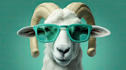 Wild ram in dark sunglasses close-up. Portrait of a wild ram. Anthopomorphic creature. Fictional character for advertising and marketing. Humorous character for graphic design.