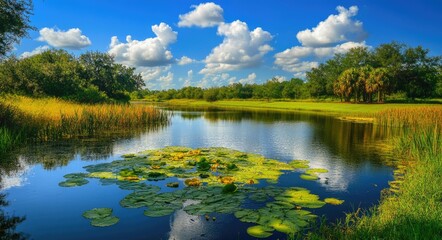 Native Florida Plants. Serene Landscape with River, Sky, and Green Nature in Port St. Lucie