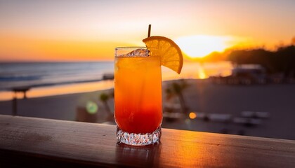 Wall Mural - a tequila sunrise cocktail placed on a bar counter with a beach and sunset in the background generative ai