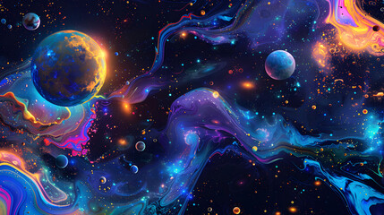 Wall Mural - A colorful galaxy with a spiral shape and a large planet in the center. 