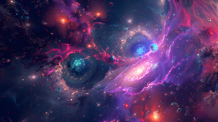Wall Mural - A colorful galaxy with a spiral shape and a large planet in the center. 