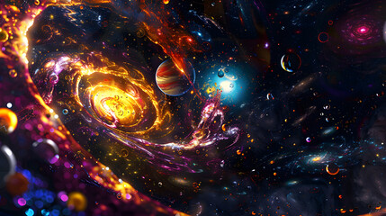 Wall Mural - A colorful galaxy with a spiral shape and a large planet in the center. 