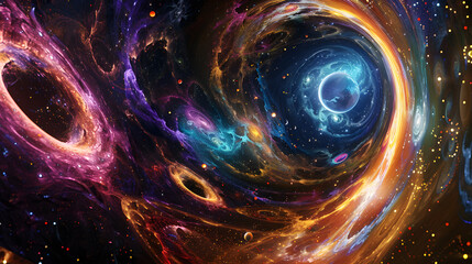 Wall Mural - A purple planet with a spiral shape is surrounded by a yellow and orange planet. 