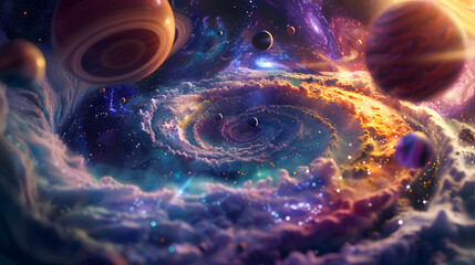 Wall Mural - A colorful spiral of clouds and planets in space. 