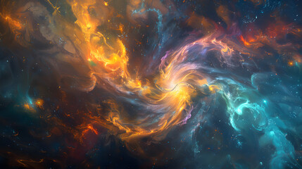 Wall Mural - A spiral galaxy with a yellow and orange swirl in the middle.