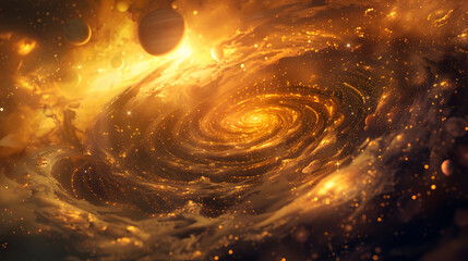 Wall Mural - A spiral galaxy with a bright yellow center and a bunch of planets surrounding it. 