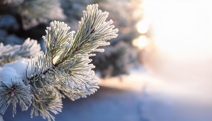 winter fir pine bough detail with snow and frost dramatic natural light stunning background nature photo with short depth of field