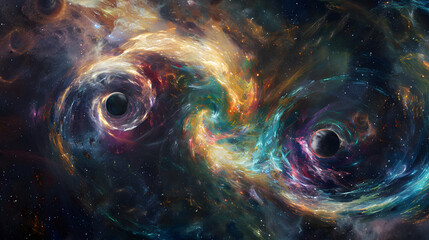 Wall Mural - A colorful space scene with two black holes in the center. 