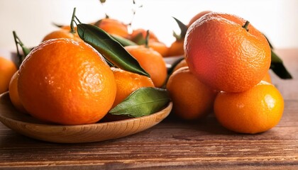 Wall Mural - fresh mandarin oranges or tangerines on wooden table