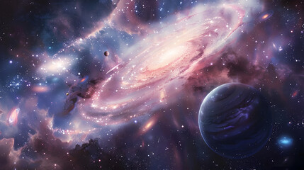 Wall Mural - A beautiful, colorful space scene with a large planet in the center and a smaller planet in the background. 
