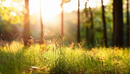 Canvas Print - wild grass in a forest at sunrise blurred abstract nature background