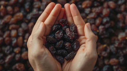 Raisin grain in hand closeup view