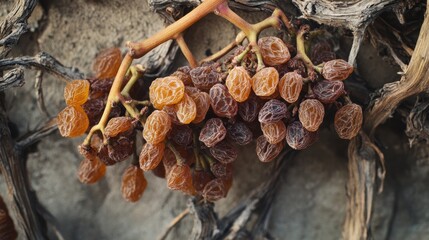 Bunch of dry raisin on tree closeup view