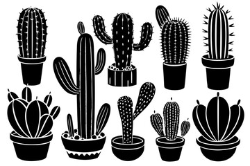 Wall Mural - various cactus black silhouette vector ,monochrome, Silhouette design, flat design