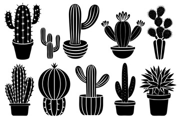 Wall Mural - various cactus black silhouette vector ,monochrome, Silhouette design, flat design