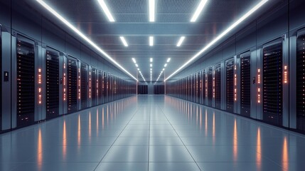 Wall Mural - Modern Data Center with Illuminated Server Racks and Reflective Floor in Bright Lighting