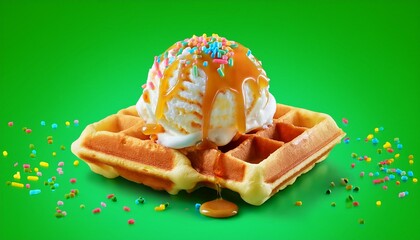 Wall Mural - delicious caramel flavored waffle with vanilla ice cream rainbow sprinkles and golden syrup isolated on green background