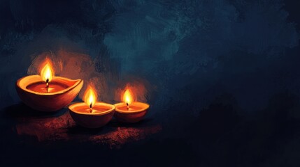 Three lit diyas against dark background