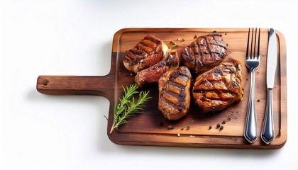 Wall Mural - wooden board with grilled meat and cutlery