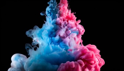 Wall Mural - pink and blue ink cloud collision paint mixing in water slow motion black background abstract motion backdrops art effects