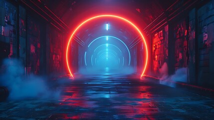 Wall Mural - A dark, futuristic tunnel with neon lights and smoke.