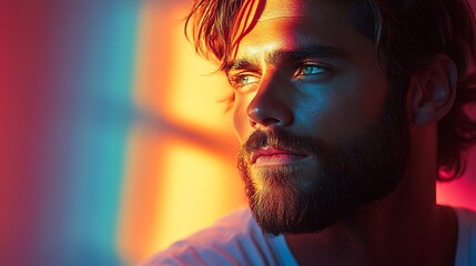 Close-up portrait of a young man with a beard, looking away from the camera, with colorful light shining on his face.