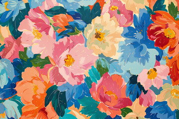 Wall Mural - A colorful painting of flowers with a blue background