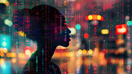 Poster - A woman's face is shown in a digital image with a city background