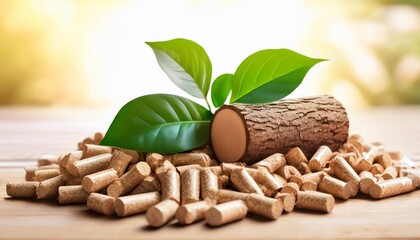 Wall Mural - wood pellets and logs with green plant