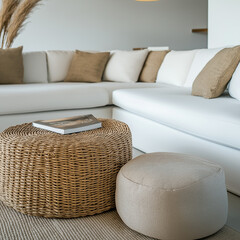 Wall Mural - Minimalist Living Room with Wicker Pouf and White Corner Sofa