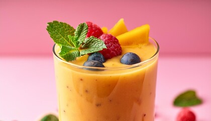 Wall Mural - delicious tropical fruit smoothie topped with fresh berries and mint leaves in a glass bright pink background