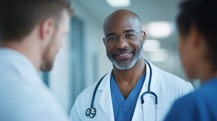 smiling black male doctor wearing glasses and white coat talking to two other doctors in hospital