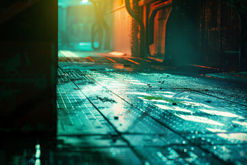 Poster - A dark, wet, and empty street with a sign on the left side