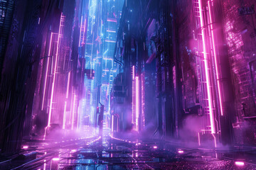 Poster - A neon cityscape with a person walking down a street