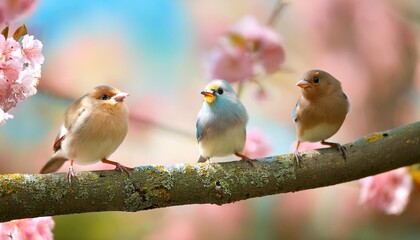 funny little birds sit on a branch in a spring