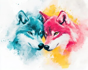 Canvas Print - Oil painting of a couple wolves in a vivid color palette. Conceptual abstract painting by oil on canvas.