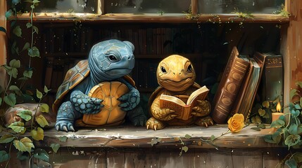 Two turtles sit on a windowsill with books in a cozy room, one looking out the window, the other reading.